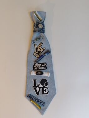 Denim Patch Tie with 'LOVE' and 'Joy to the World' Patches - Light Blue